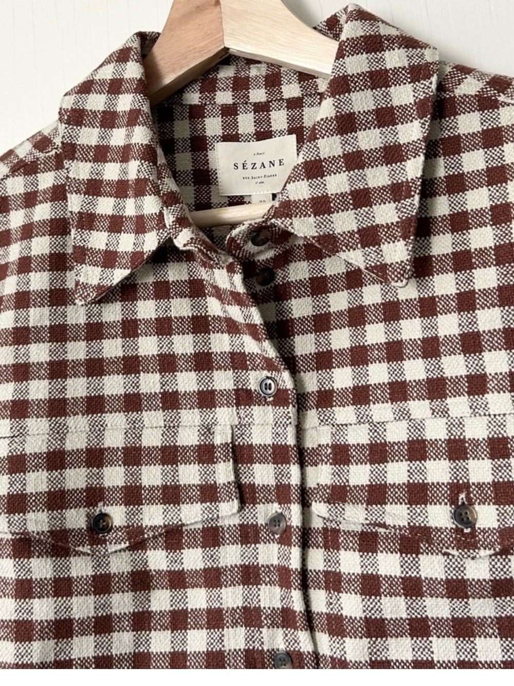 NWT Sezane Maelle Cotton Linen Shirt Jacket Brown Gingham Ecru FR 38 US 6 - Picture 6 of 10